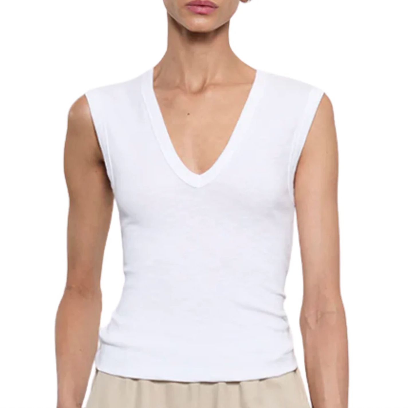 Enza Costa Textured Rib Sleeveless V-Neck Tee, Color: White, Size: XS