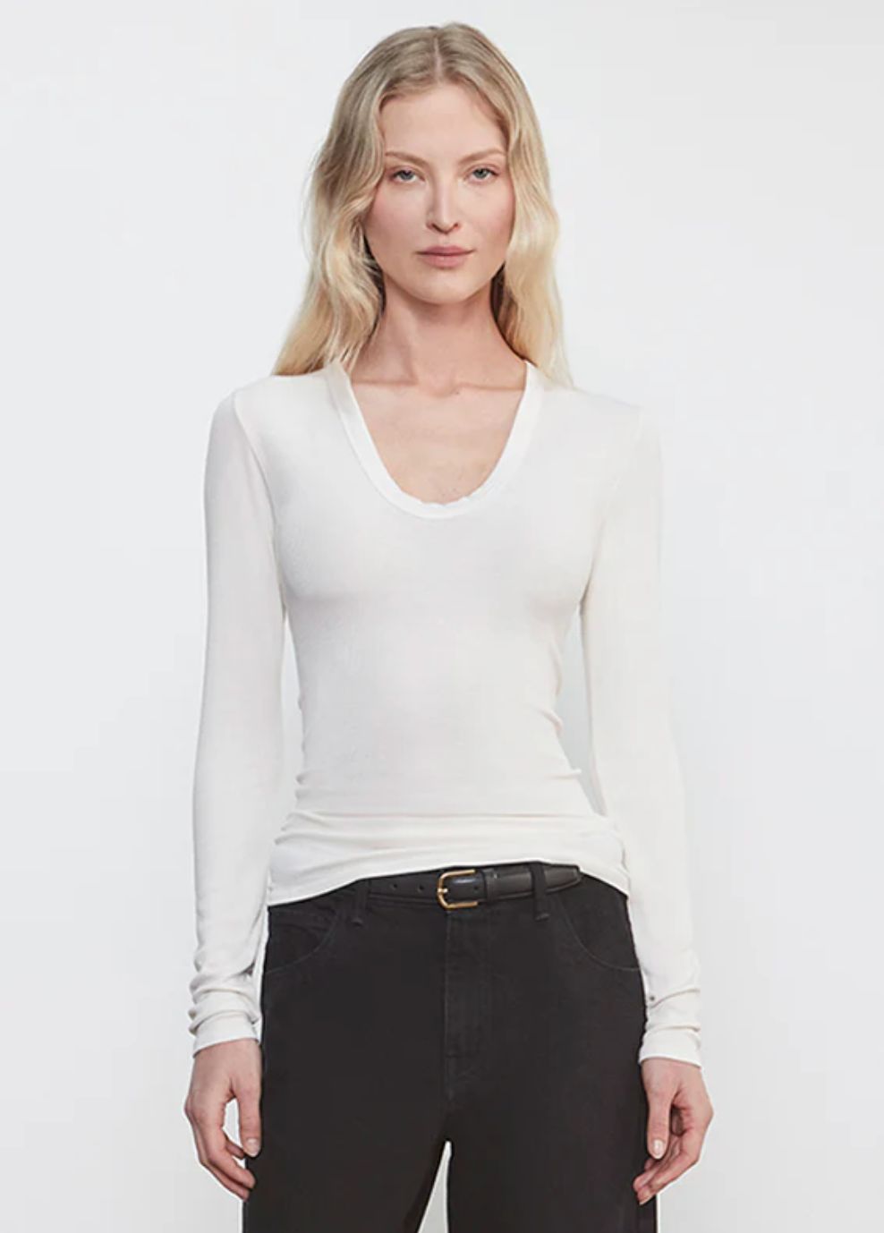 Enza Costa Rib Bold Long Sleeve U Tee in Chalk