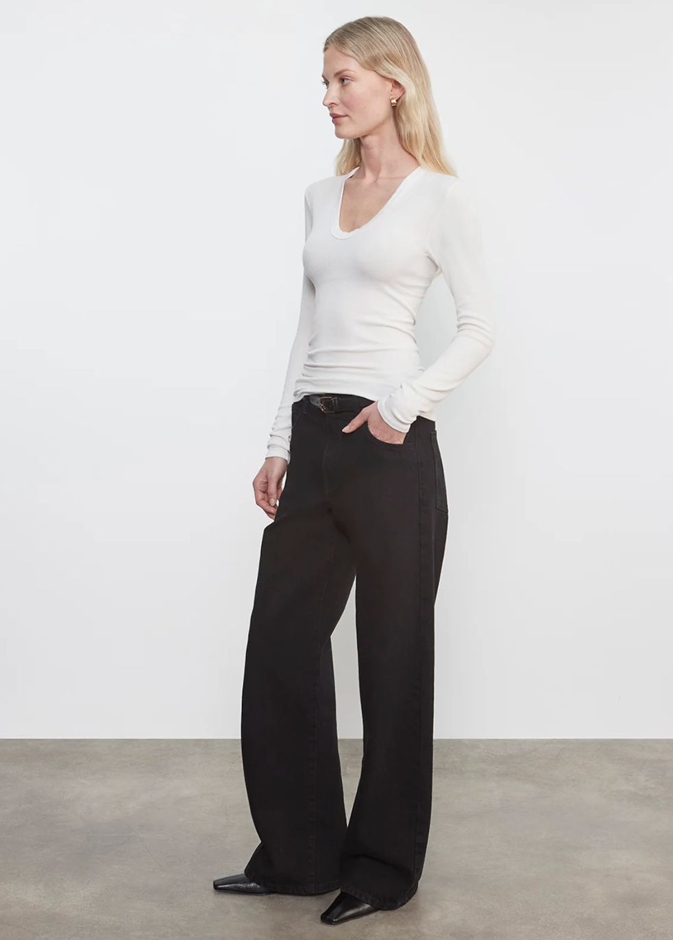 Enza Costa Rib Bold Long Sleeve U Tee in Chalk