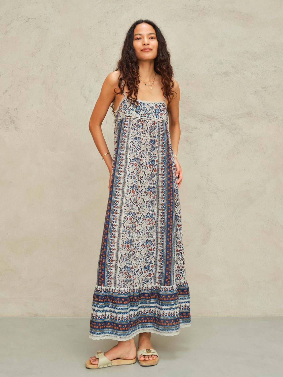 M.A.B.E. Cass Print Maxi Dress, Color: Indigo/Rust, Size: XS