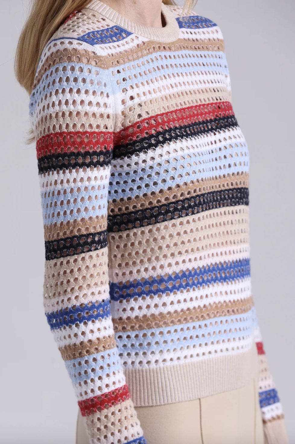 Minnie Rose Plaited Mesh Stripe Long Sleeve Crew