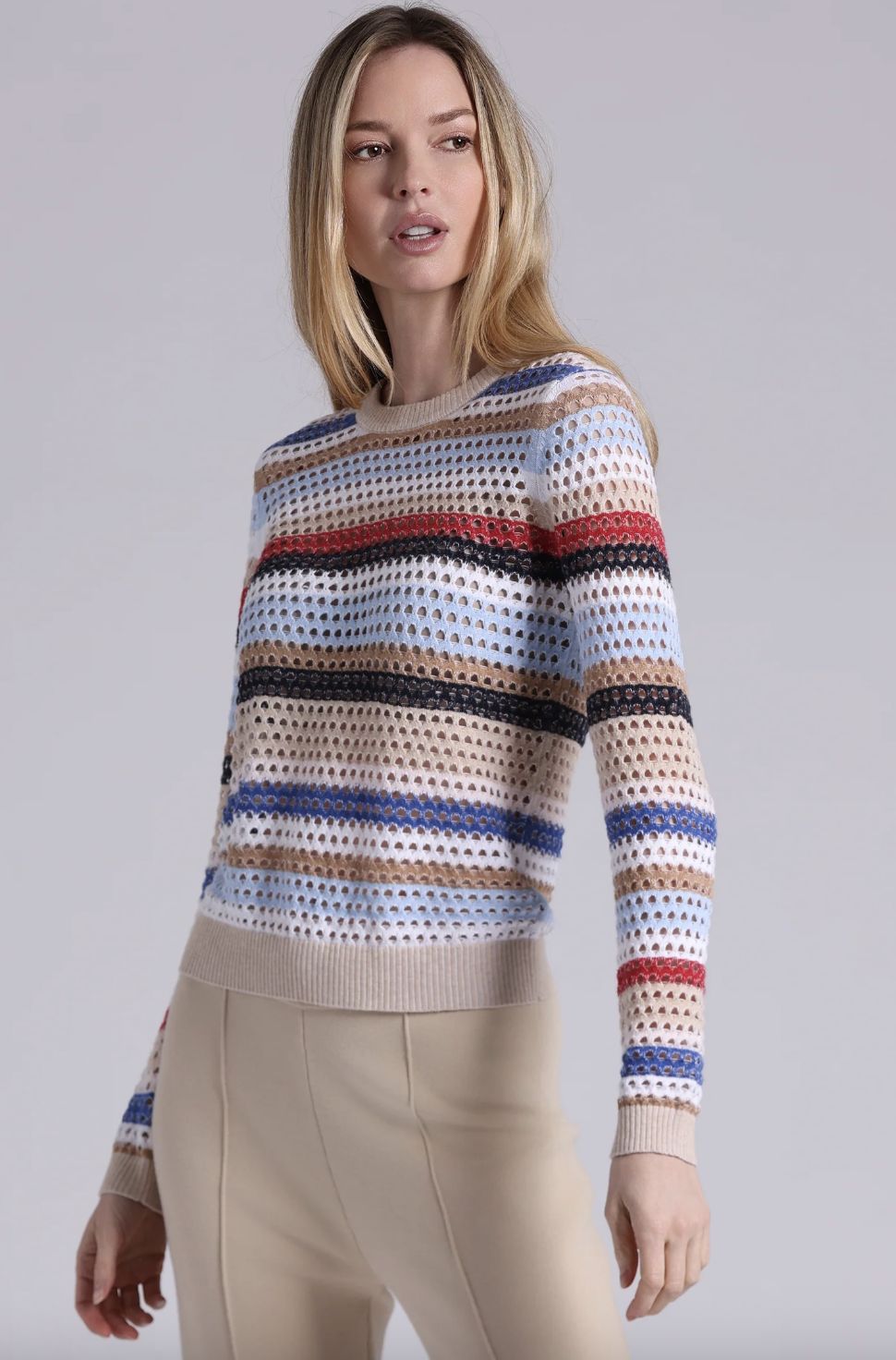 Minnie Rose Plaited Mesh Stripe Long Sleeve Crew