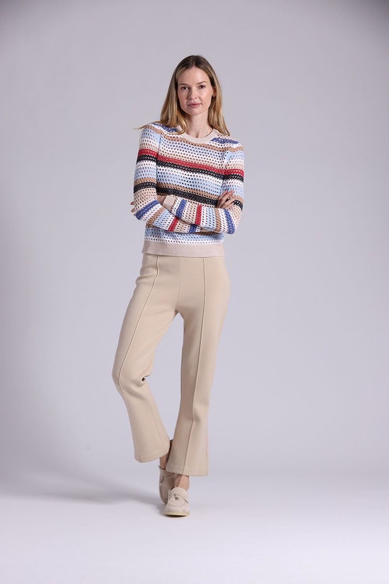 Minnie Rose Plaited Mesh Stripe Long Sleeve Crew