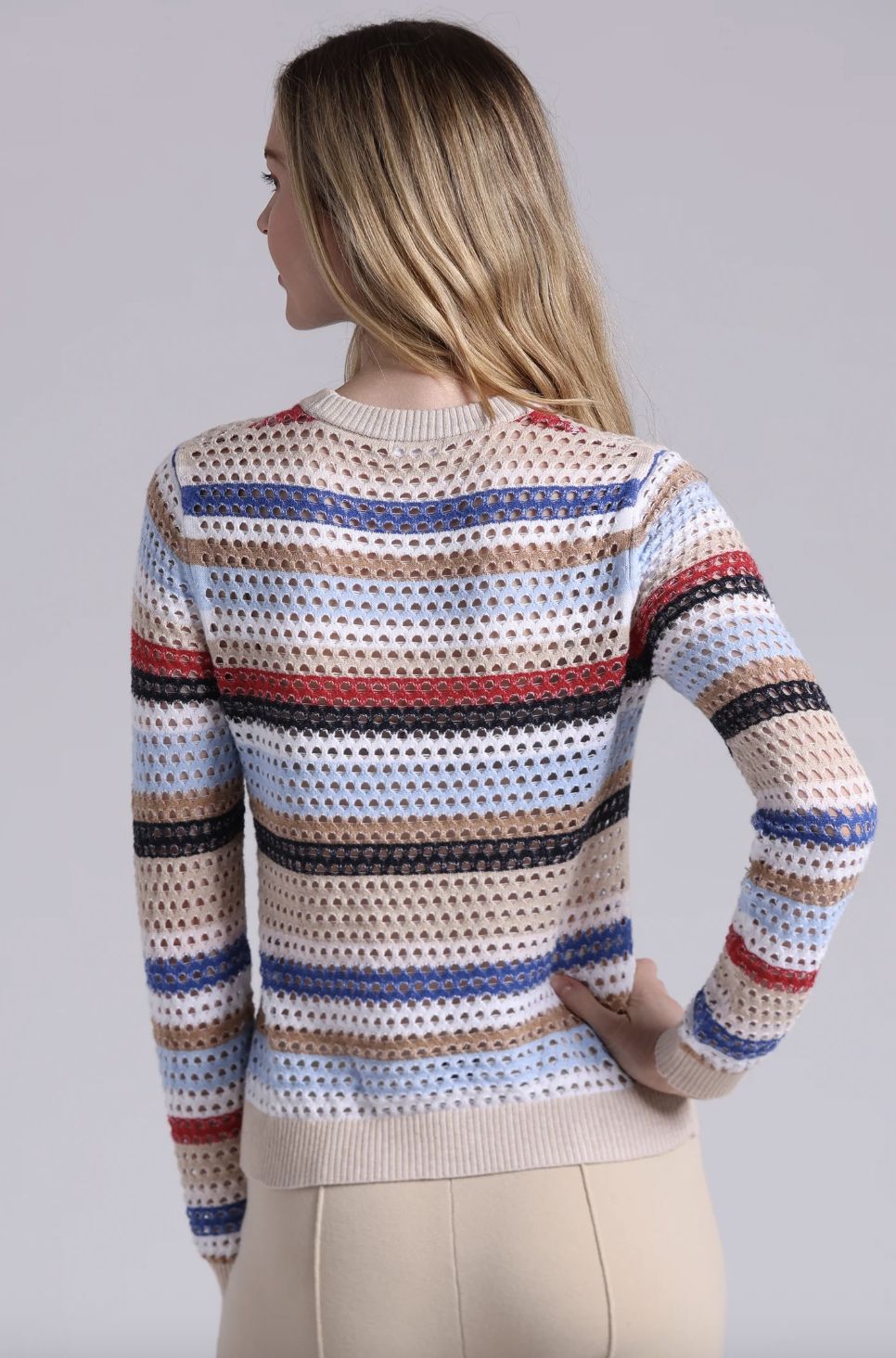 Minnie Rose Plaited Mesh Stripe Long Sleeve Crew