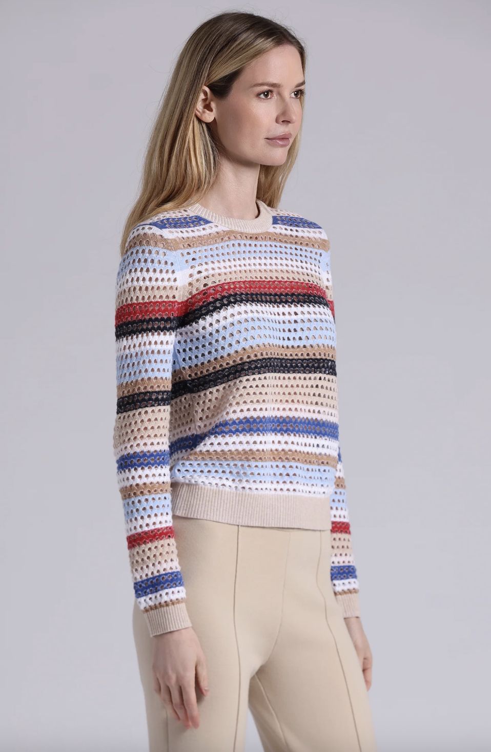 Minnie Rose Plaited Mesh Stripe Long Sleeve Crew