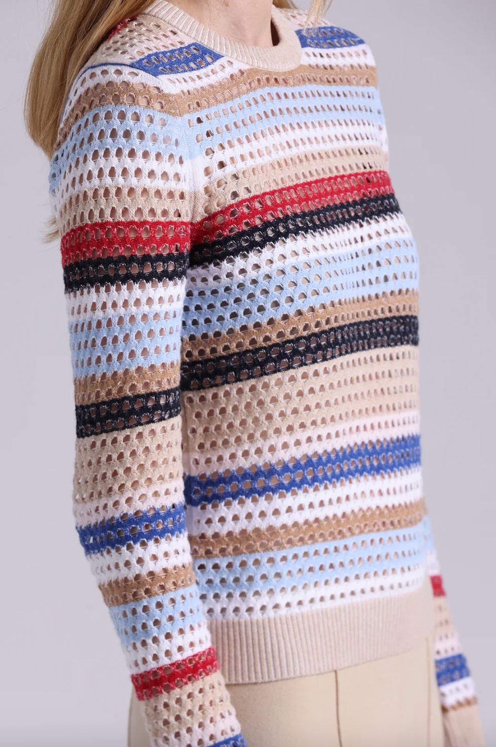 Minnie Rose Plaited Mesh Stripe Long Sleeve Crew