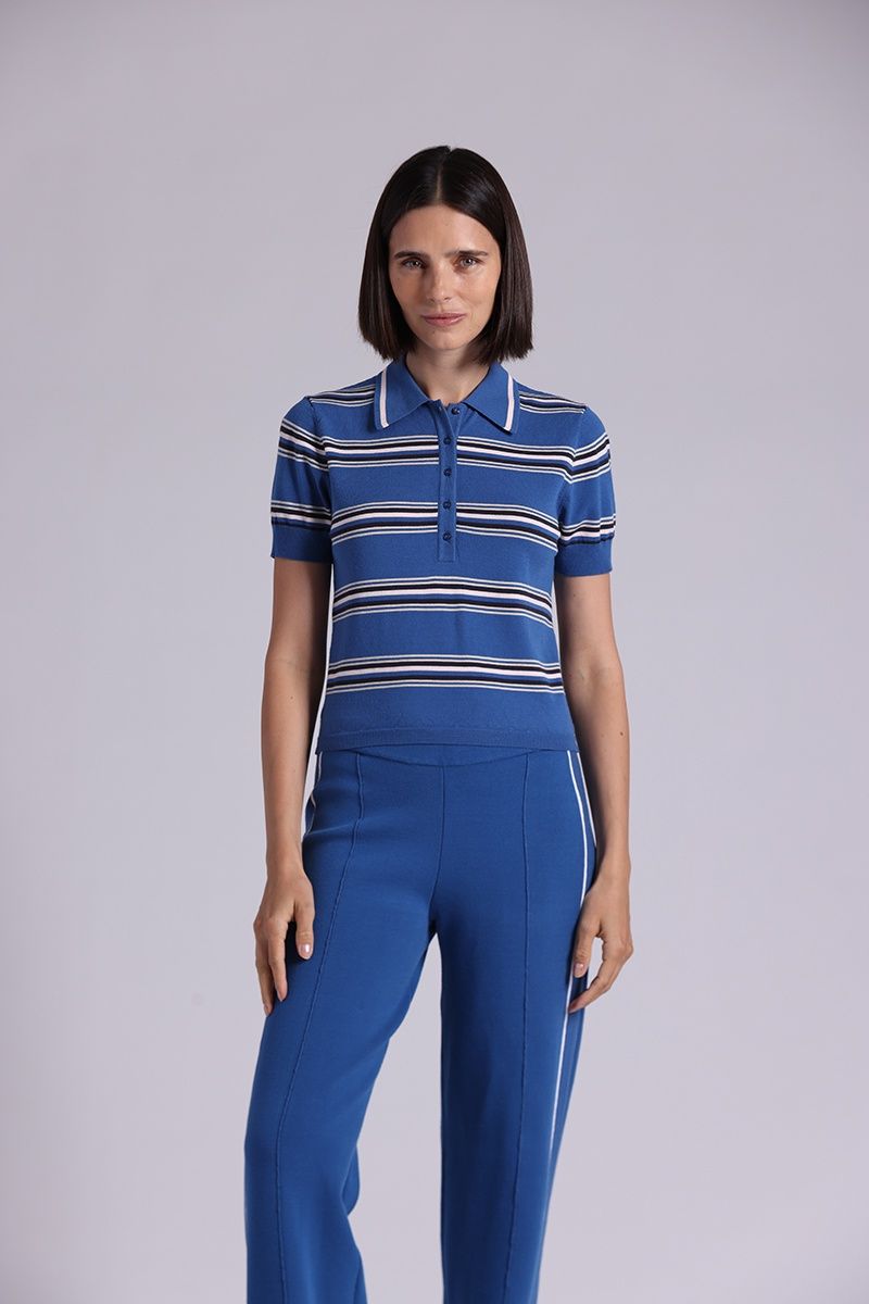 Minnie Rose Short Sleeved Striped Polo, Color: Cosmic Blue, Size: XS