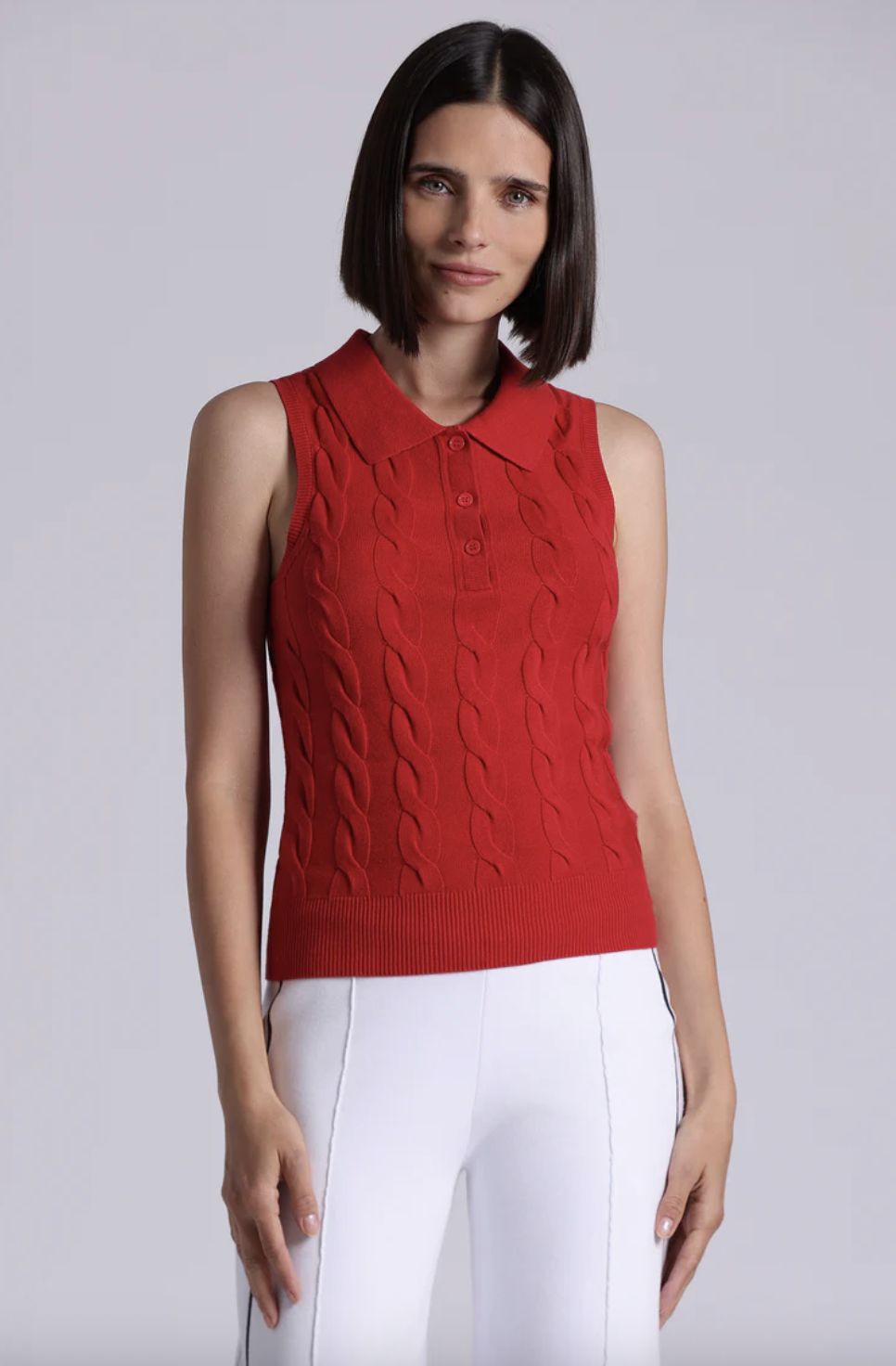 Minnie Rose Cotton Sleeveless Cable  Polo