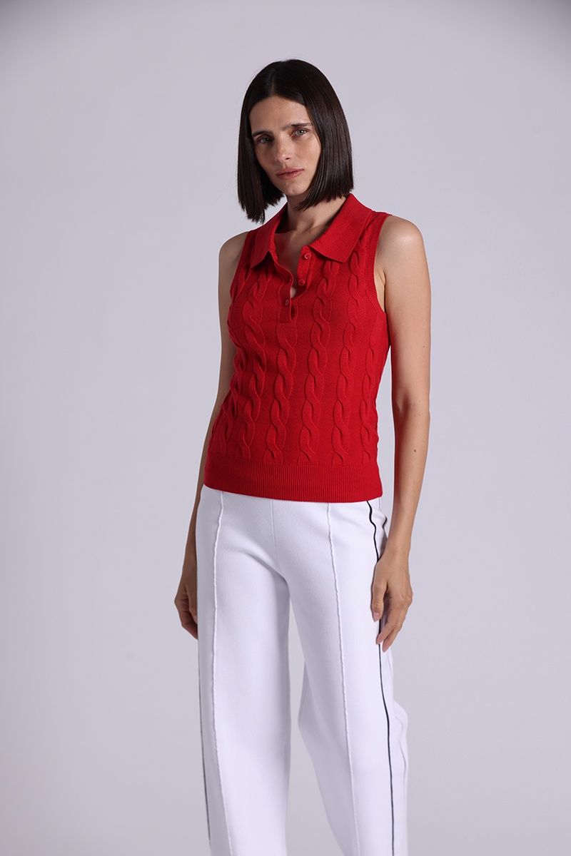 Minnie Rose Cotton Sleeveless Cable  Polo, Color: Cranberry, Size: XS