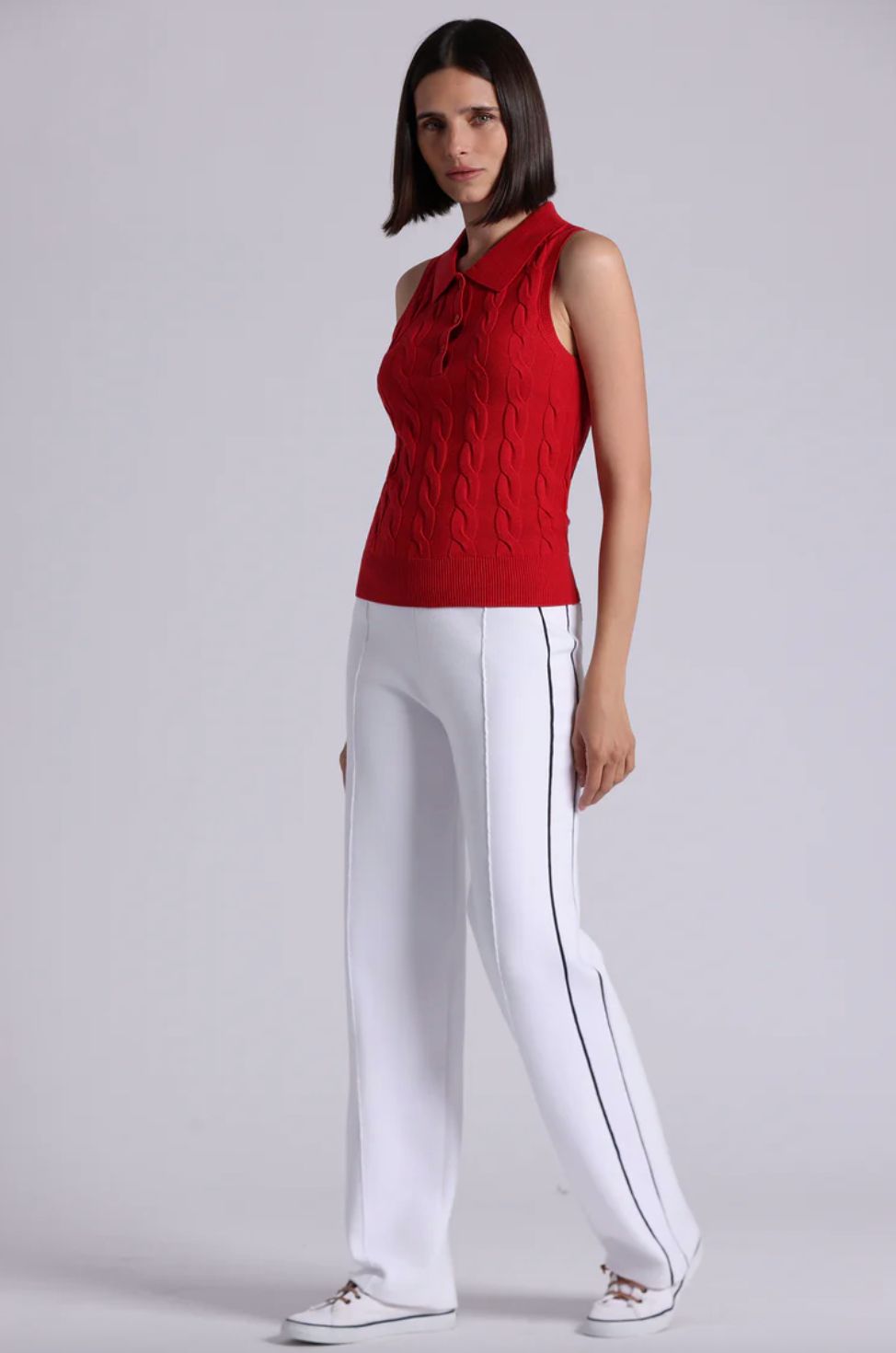 Minnie Rose Cotton Sleeveless Cable Polo
