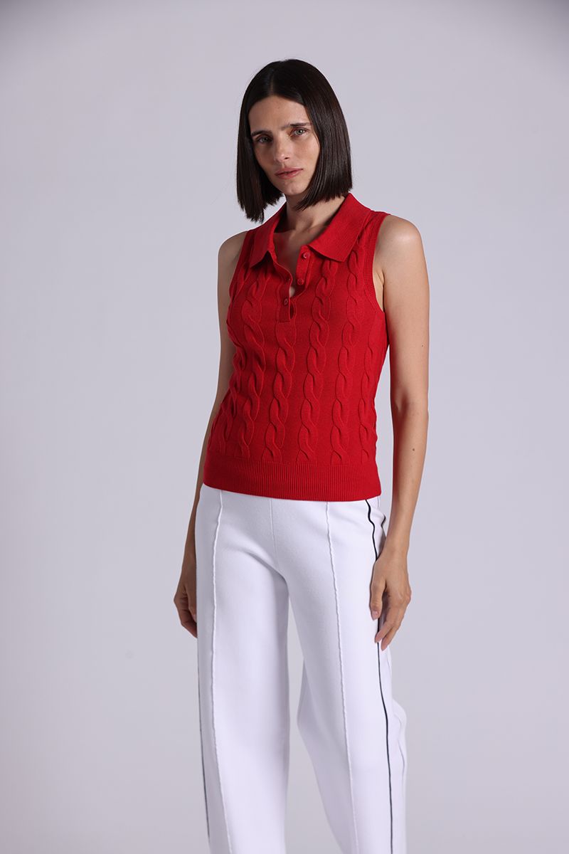 Minnie Rose Cotton Sleeveless Cable Polo, Color: Cranberry, Size: XS