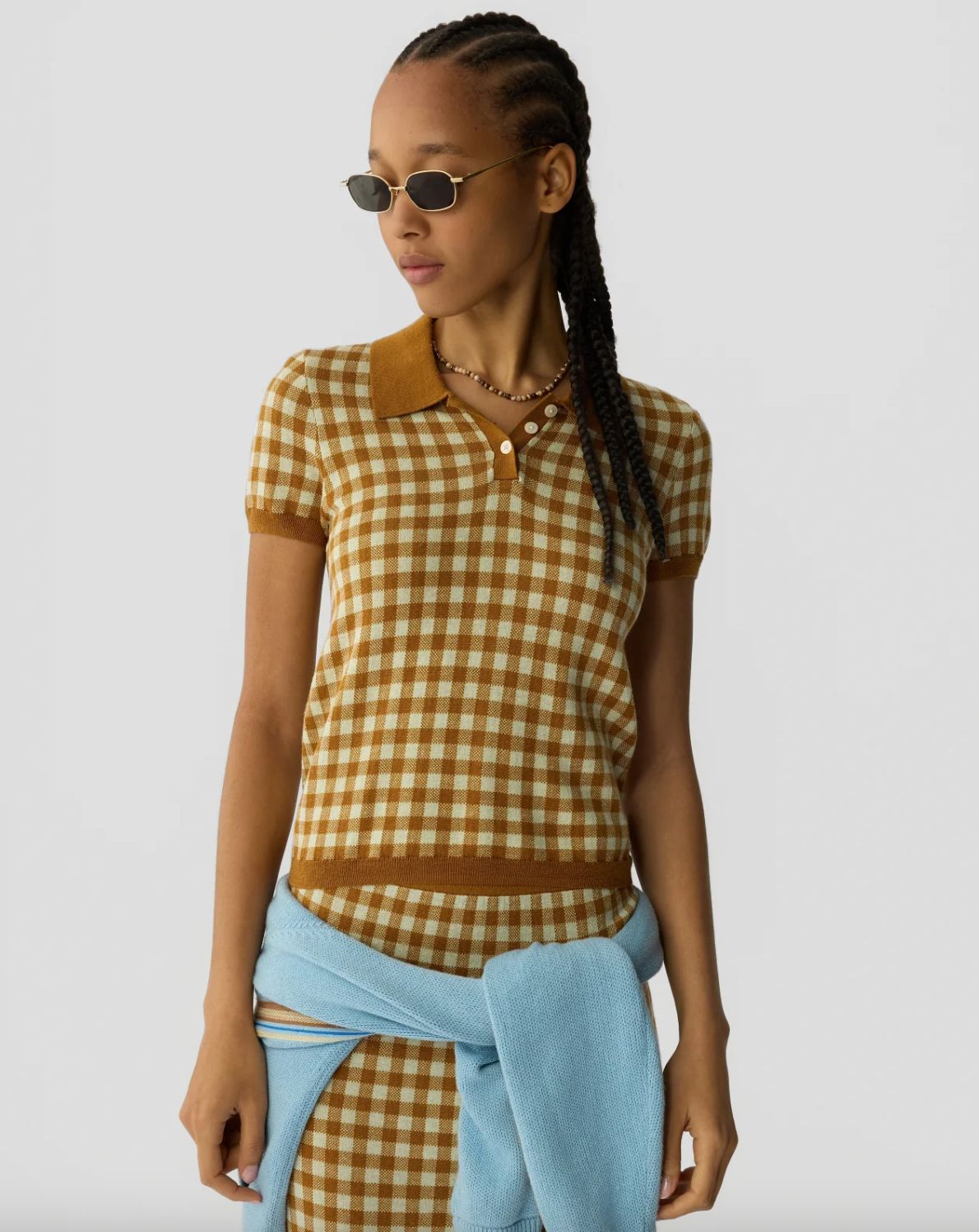 Guest In Residence Gingham Shrunken Polo in Suede-Lime