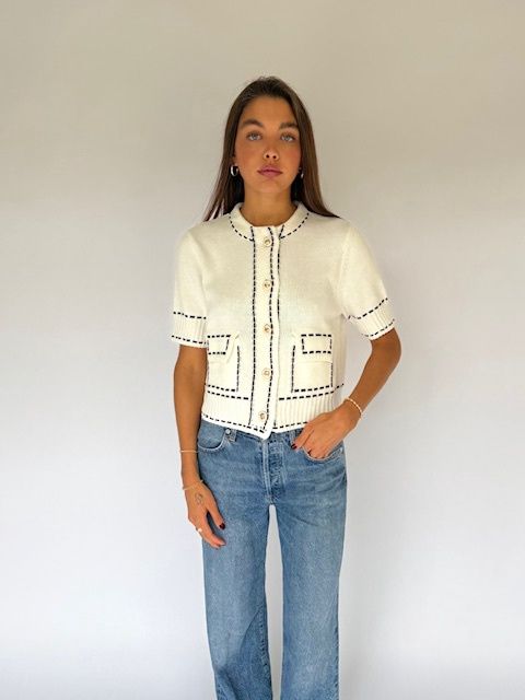 Archer Ivy Stitch Crew Short Sleeve Cardigan, Color: White/Black, Size: XS