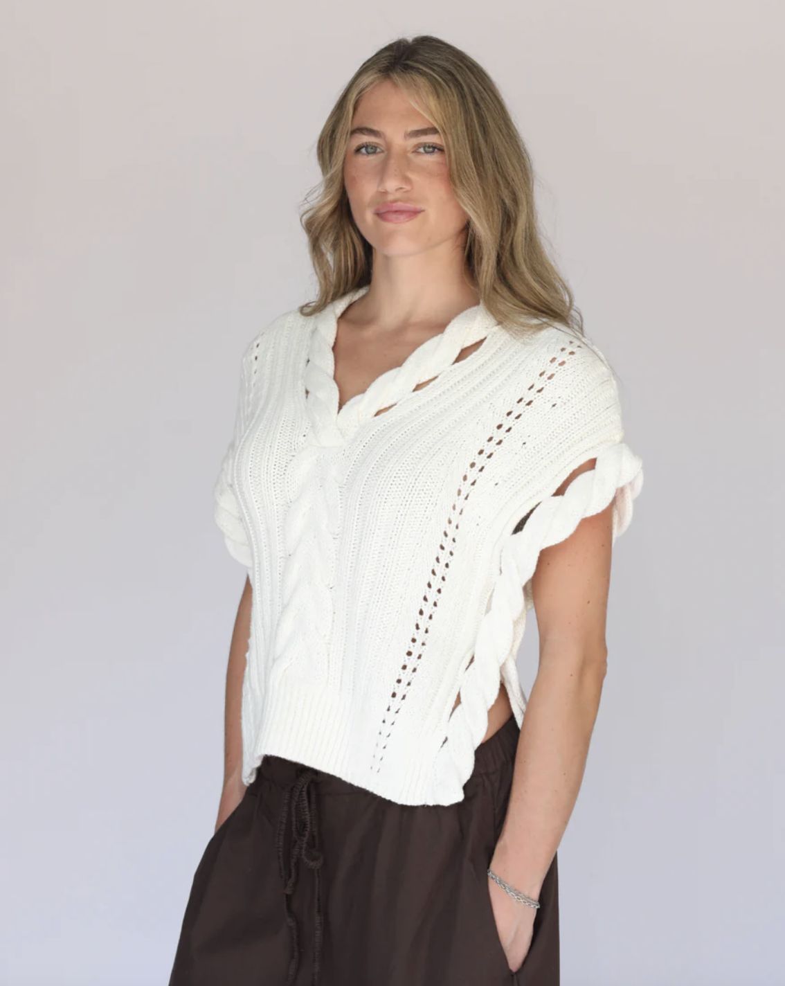Archer Marie Cable Short Sleeve V-Neck Sweater