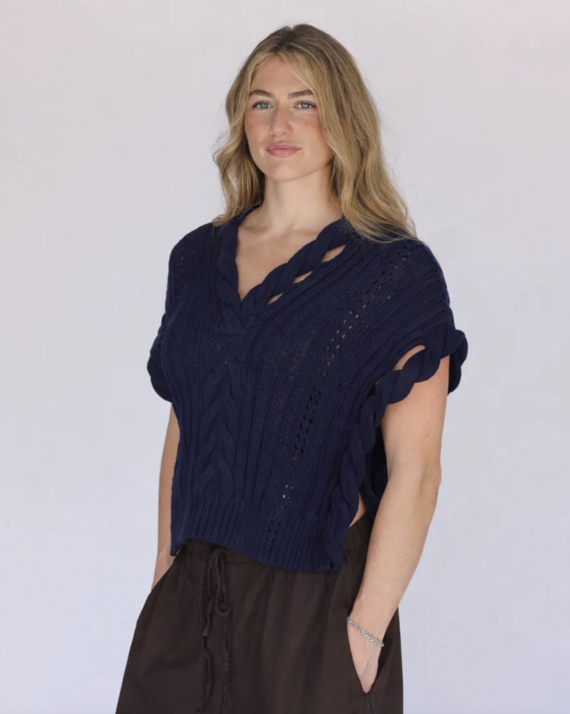 Archer Marie Cable Short Sleeve V-Neck Sweater, Color: Navy, Size: XS