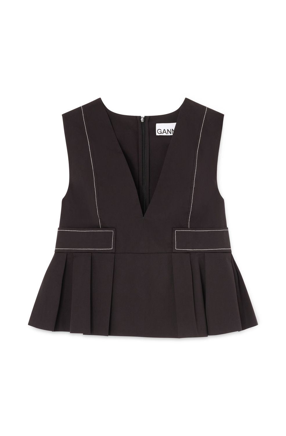 Ganni Stretch Pleated Peplum Top, Color: Black, Size: 34