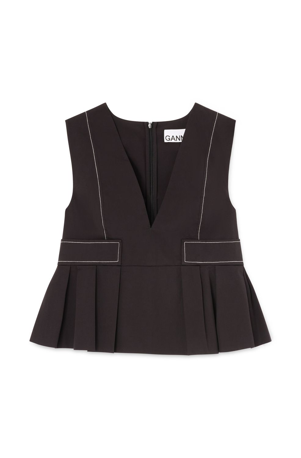 Ganni Stretch Pleated Peplum Top, Color: Black, Size: 34
