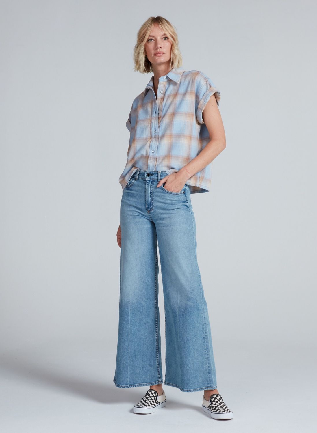 ASKK NY Virginia Flannel Short Sleeve Shirt, Color: Blue Plaid, Size: XS