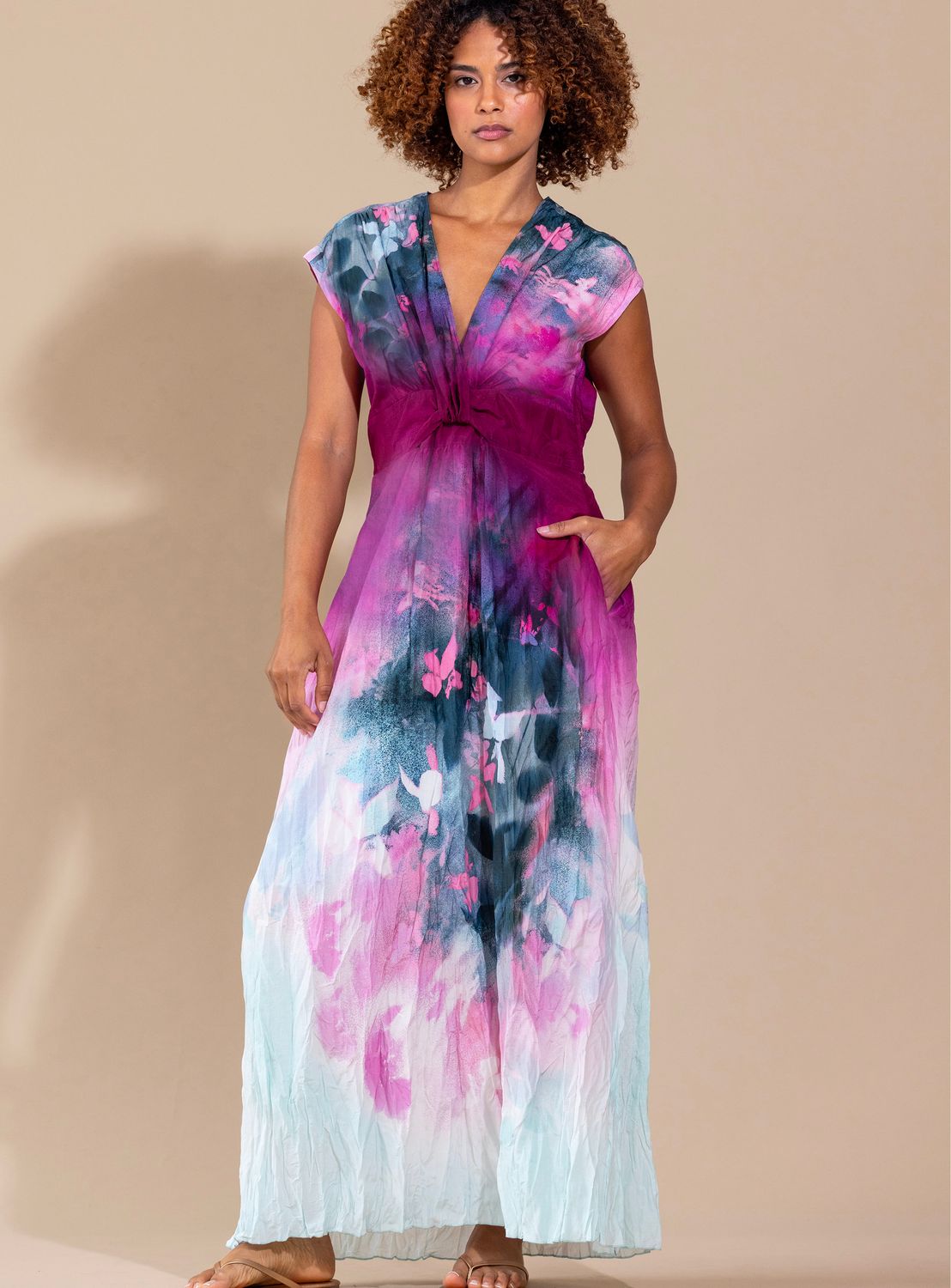 Go Silk Crinkle Cut Twist Dress in Gradient Garden, Color: Gradient Garden, Size: 0