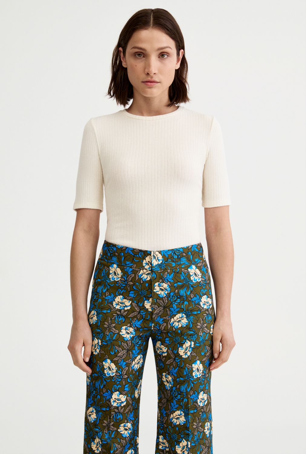 Smythe Elbow Sleeve Ribbed Knit Crew, Color: Ivory, Size: XS