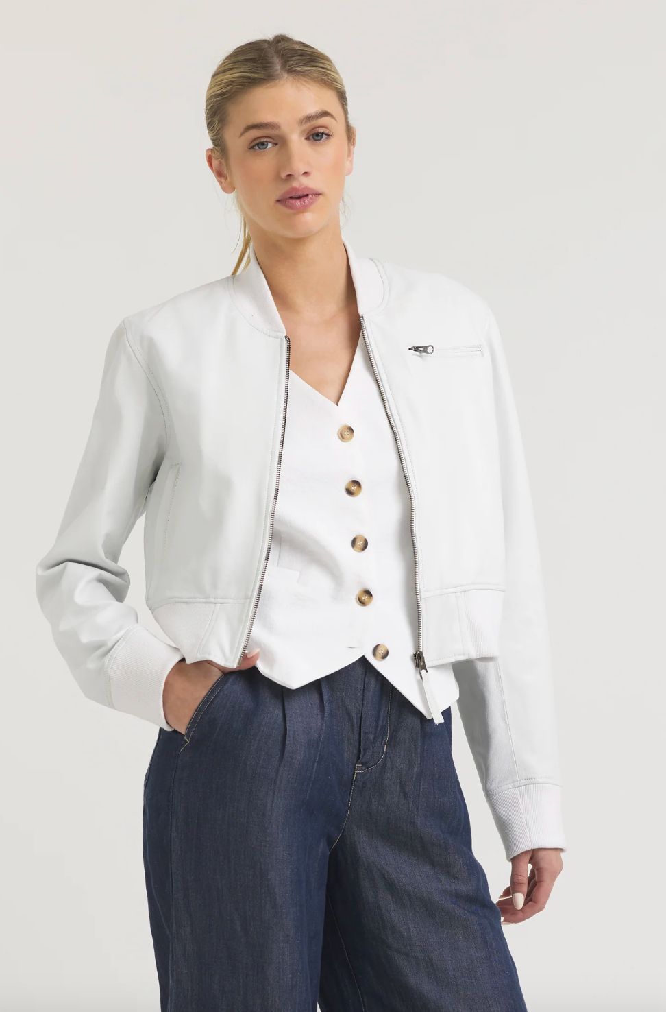 Jakett Collins Patina Leather Jacket, Color: White, Size: XS