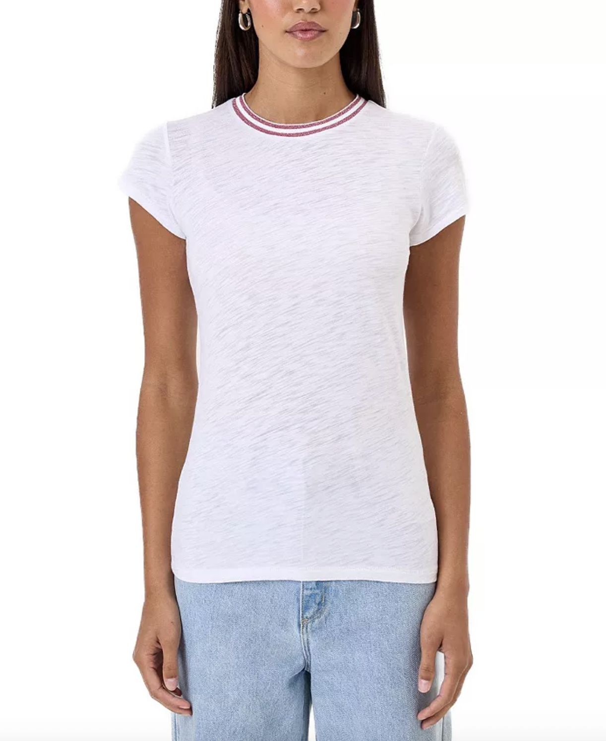 Goldie Double Shimmer Tipped Ringer Tee in White/Pink