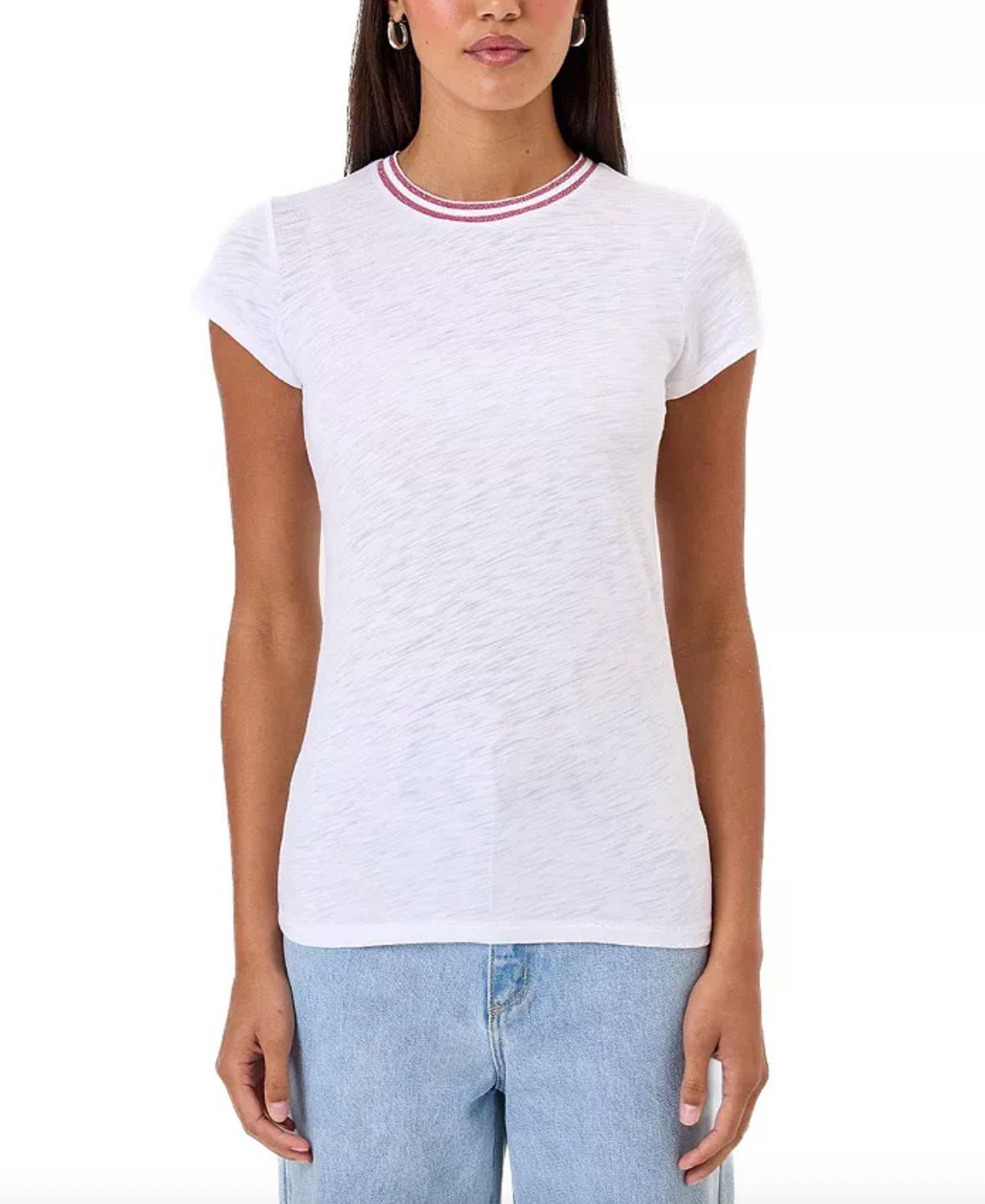 Goldie Double Shimmer Tipped Ringer Tee in White/Pink
