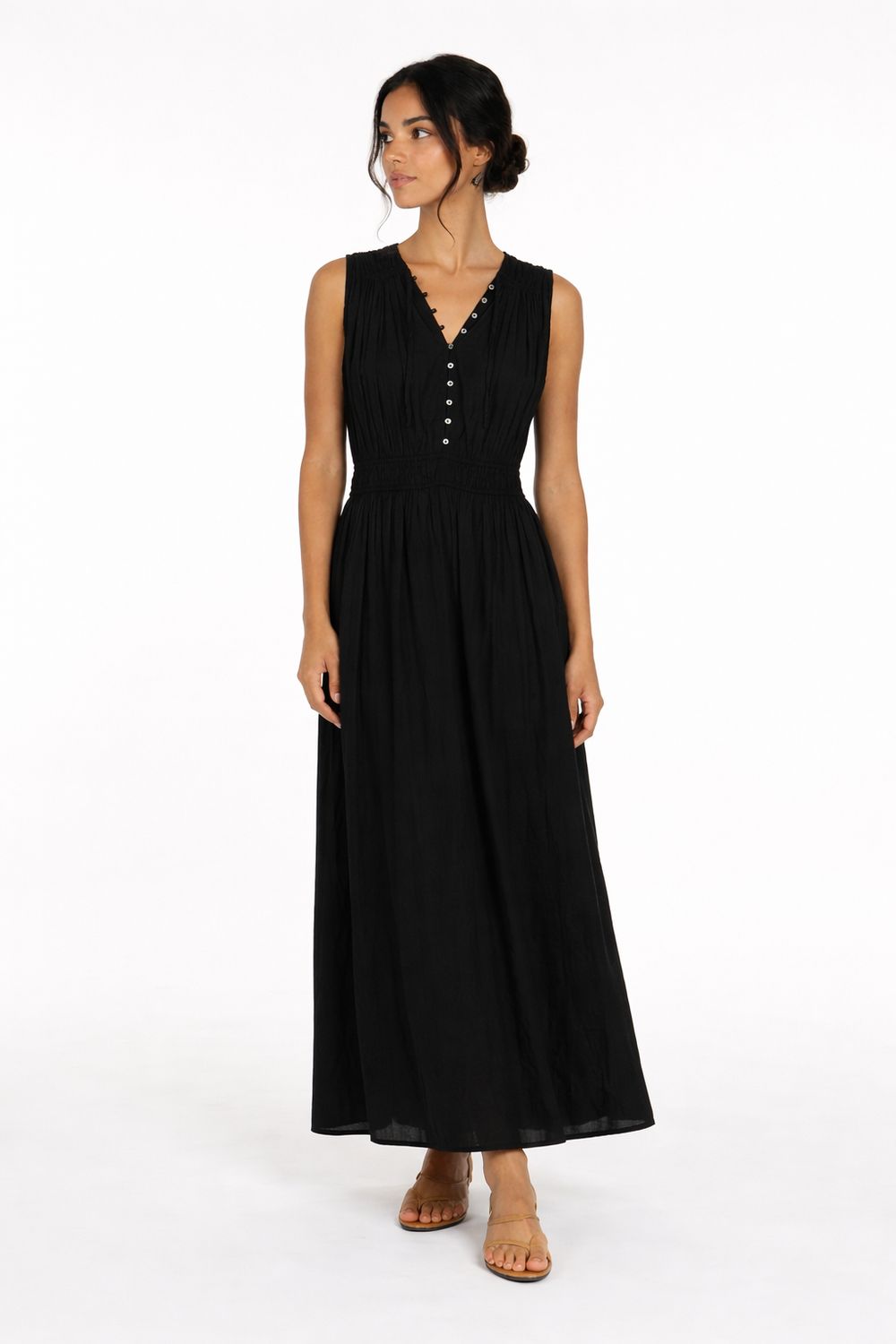 Greek Archaic Cotton Maxi Dress, Color: Black, Size: XS