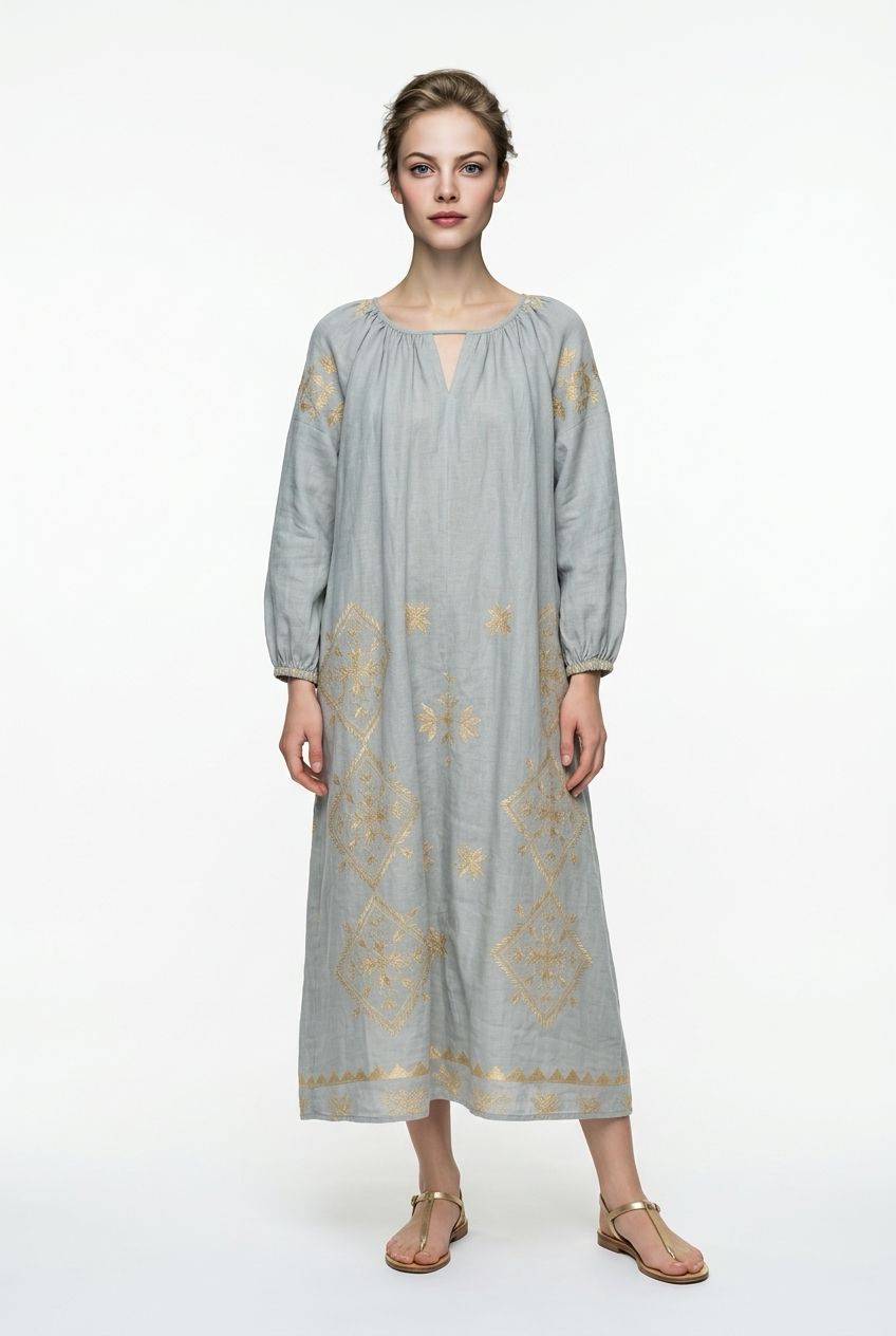 Greek Archaic Long Sleeve Lefkaka Maxi Dress
