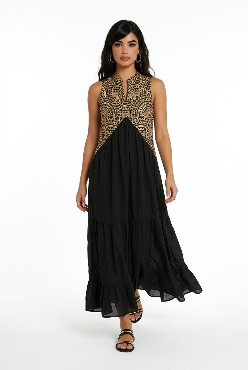 Greek Archaic Long Triangle Sleeveless Dress, Color: Black/Gold, Size: XS