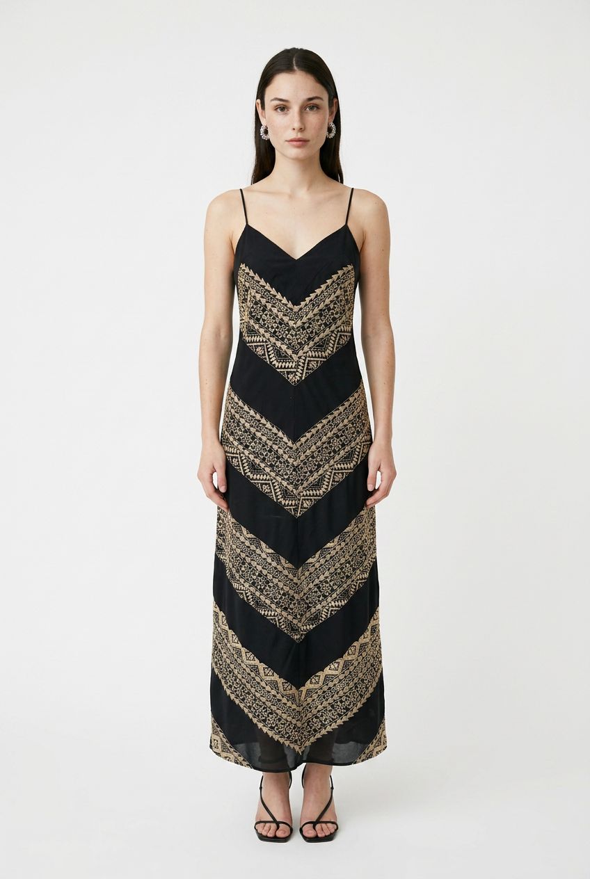 Greek Archaic Long Triangle Chevron Maxi Dress in Black/Gold
