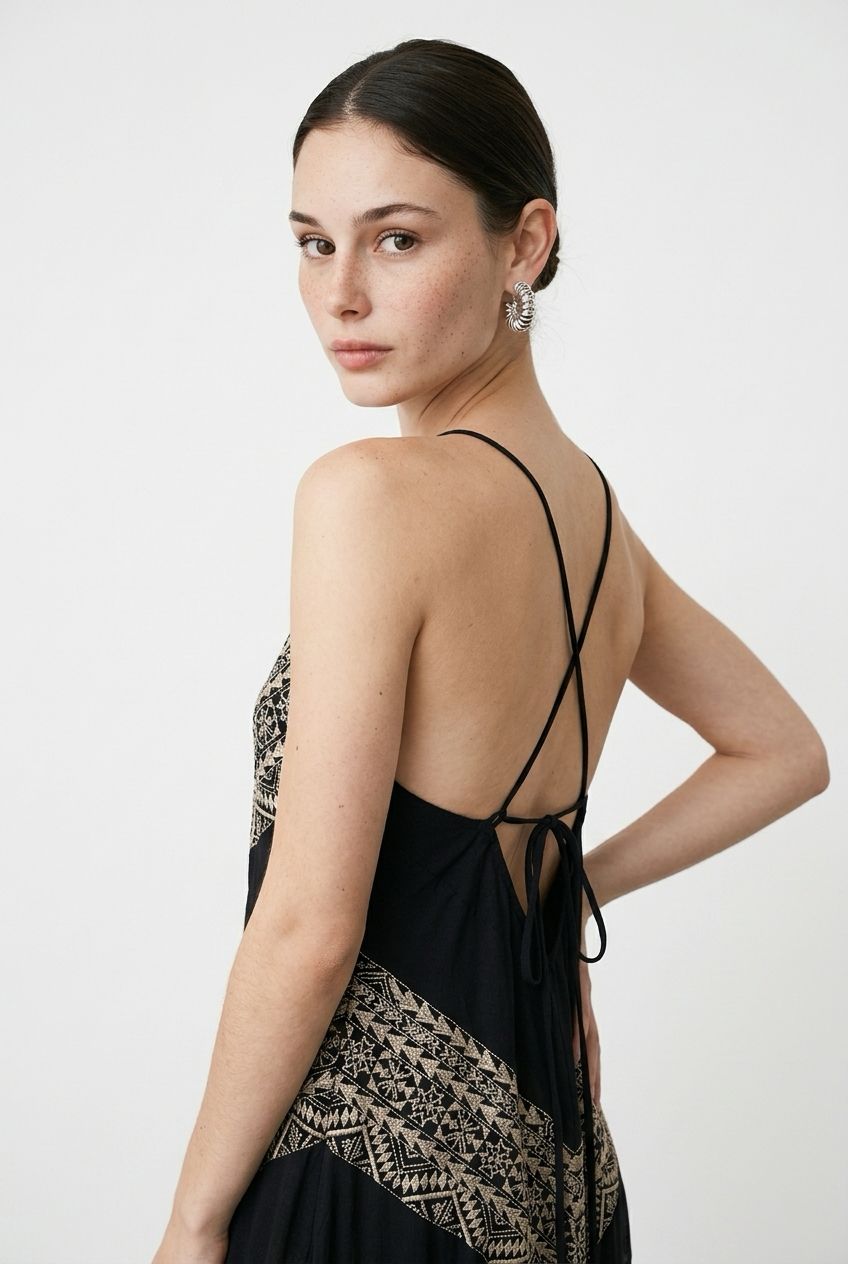 Greek Archaic Long Triangle Chevron Maxi Dress in Black/Gold