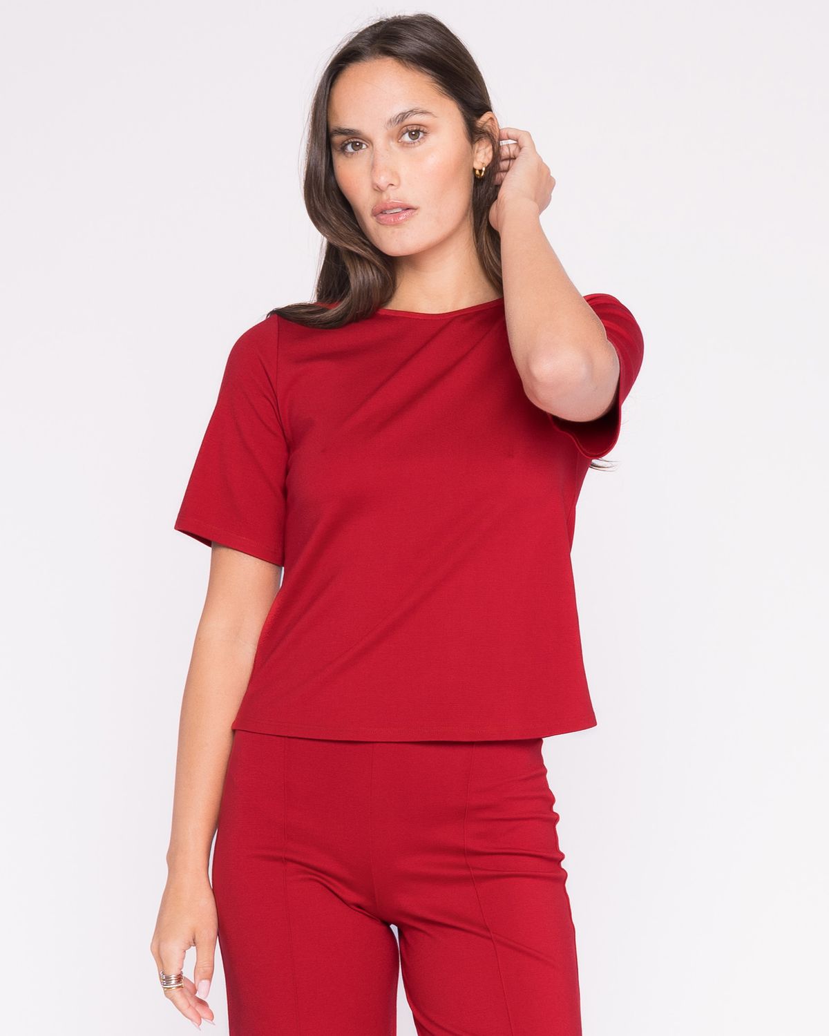 Ripley Rader Ponte Short Sleeve Extended Top in Red, Color: Red, Size: 1