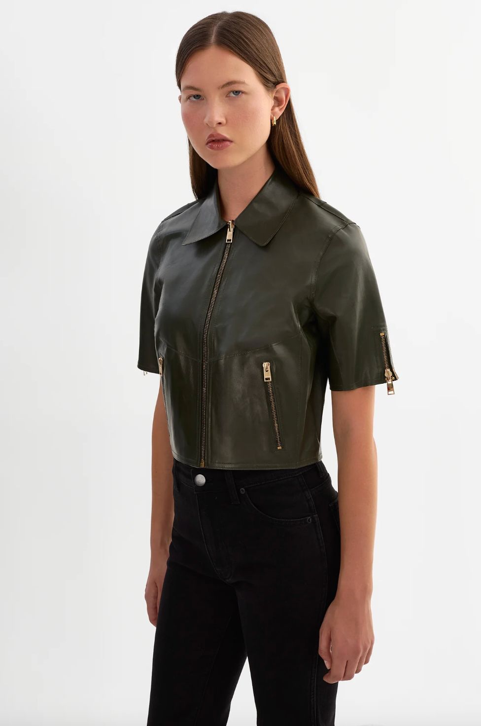 Lamarque Sevana Leather Jacket in Dark Olive/Gold