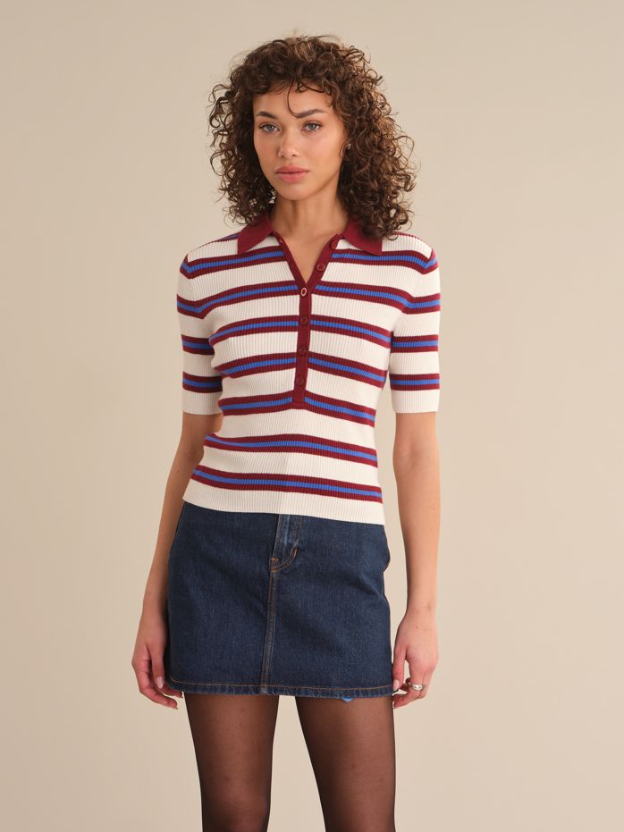 525 America Imogen Rib Stripe Fitted Polo, Color: Sea Salt Stripe, Size: XS