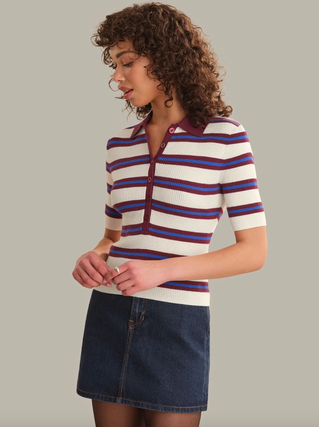 525 America Imogen Rib Stripe Fitted Polo