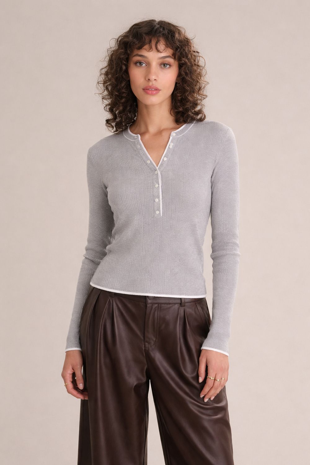 525 America Emmeline Heather Grey Henley Sweater, Color: Heather Grey, Size: XS