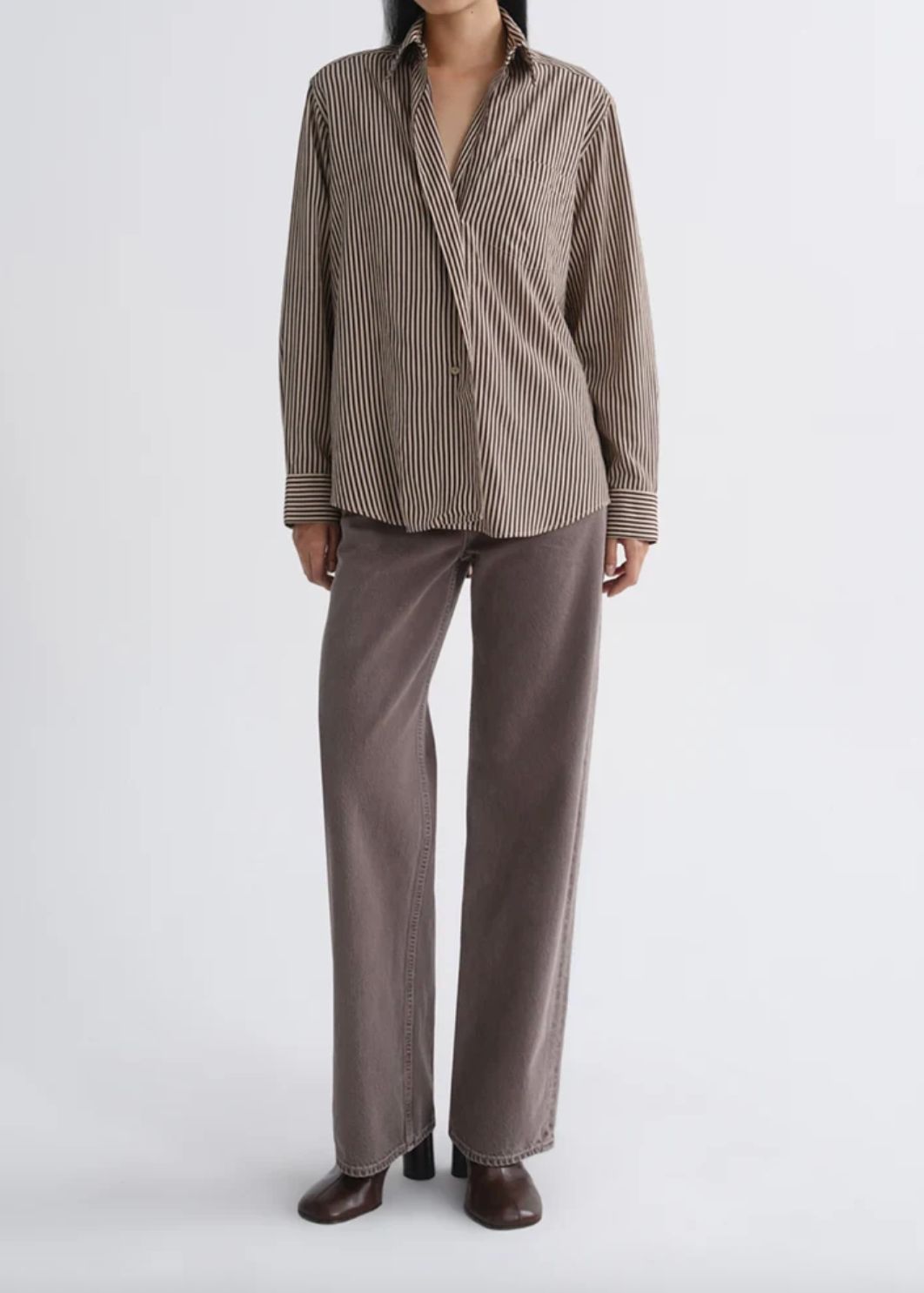 AGolde Aris Trace Stripe Shirt, Color: Chocolate/Taupe, Size: XS