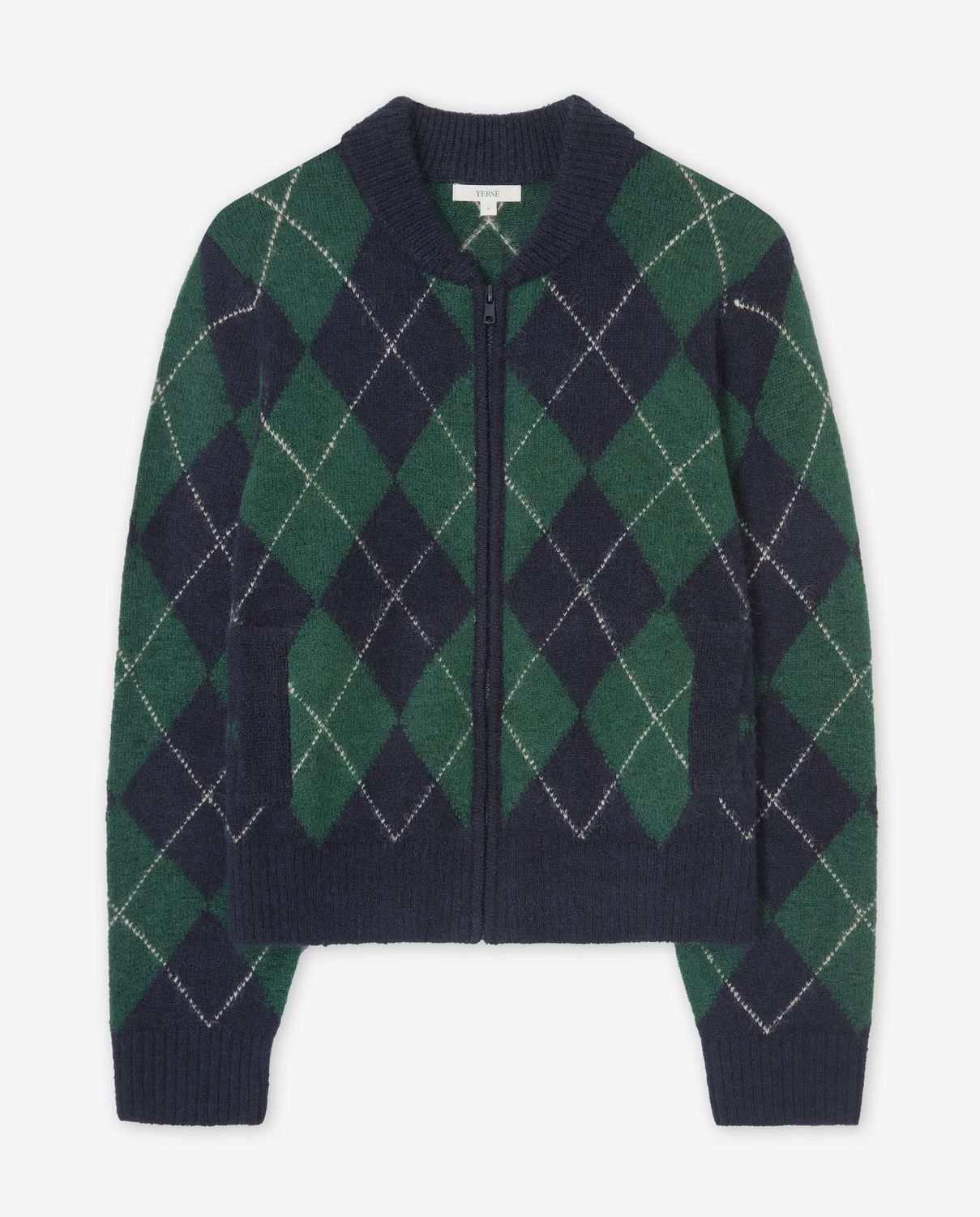 Yerse Diamond Zip-Up Cardigan, Color: Navy/Green, Size: XS