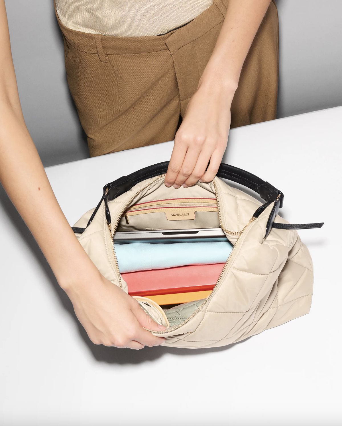 MZ Wallace Madison Shoulder Bag in Buff/Black