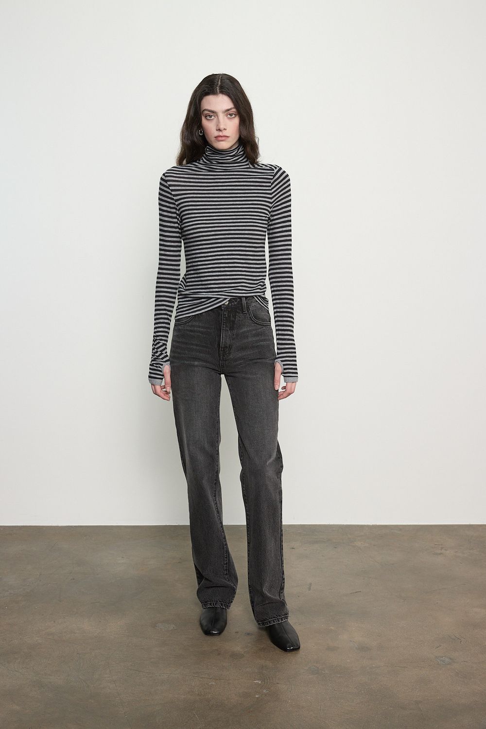 Enza Costa Cashmere Jersey New Classic Tneck Mini Stripe, Color: Smoke/Black, Size: XS