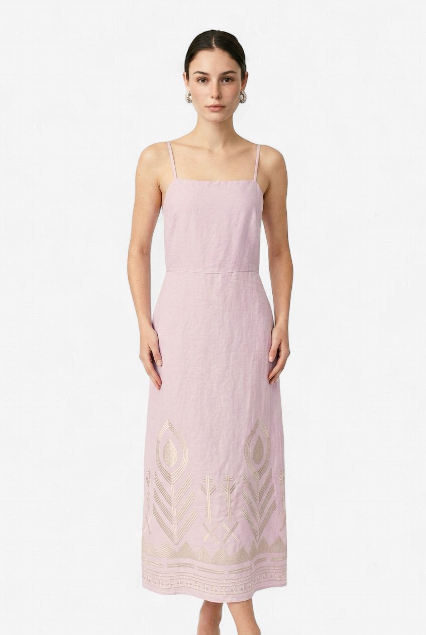 Greek Archaic Long Feather Cross Strap Dress in Pink/Champagne