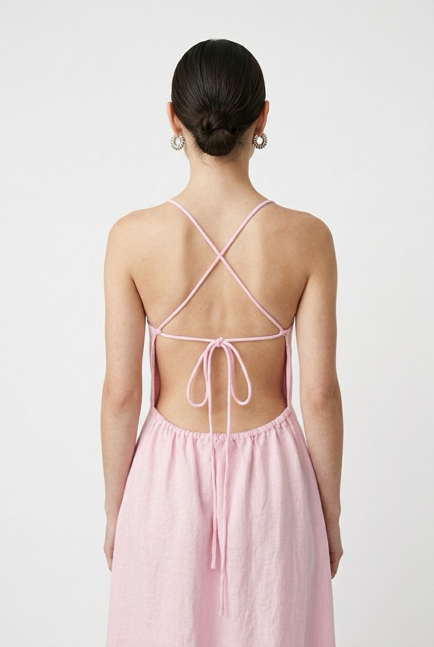 Greek Archaic Long Feather Cross Strap Dress in Pink/Champagne