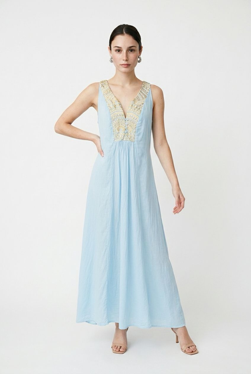 Greek Archaic Triangle Maxi Dress Ciel/Gold