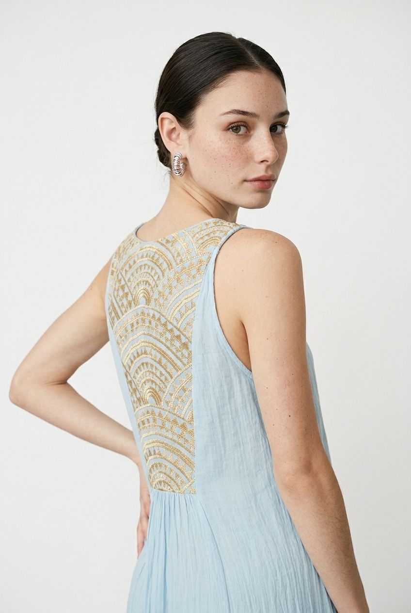 Greek Archaic Triangle Maxi Dress Ciel/Gold