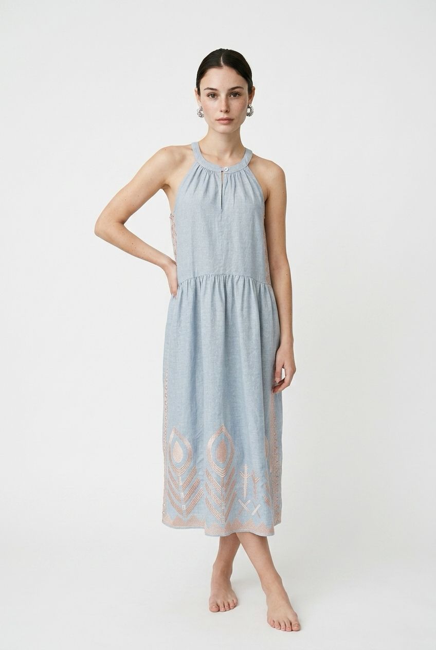 Greek Archaic Feather Halter Midi Dress