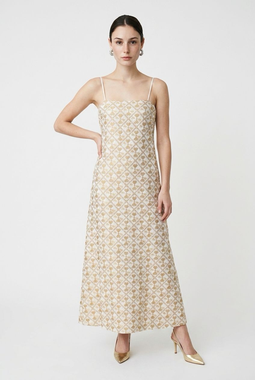 Greek Archaic Maxi Dress in White/Gold