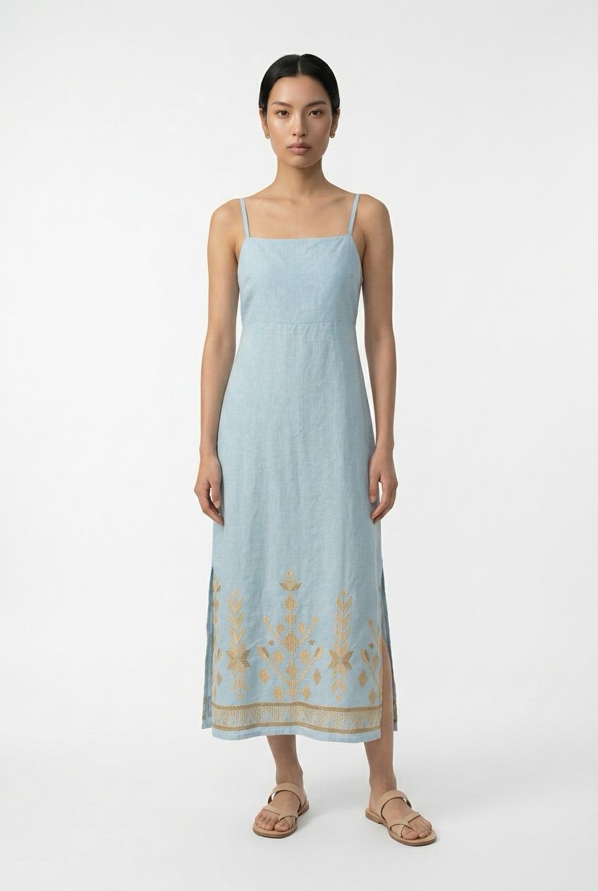 Greek Archaic Gathered Maxi Dress in Ciel/Gold