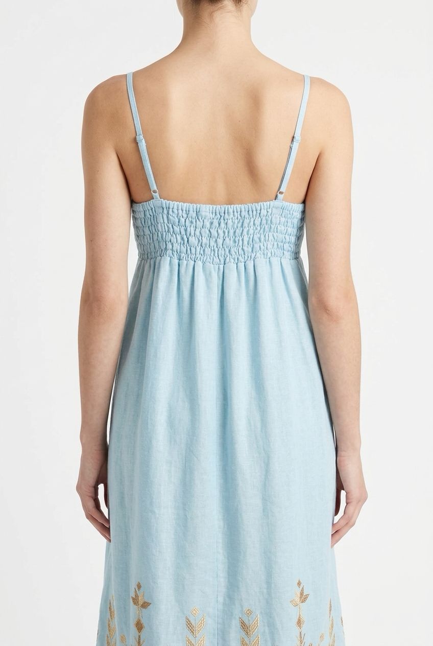 Greek Archaic Gathered Maxi Dress in Ciel/Gold