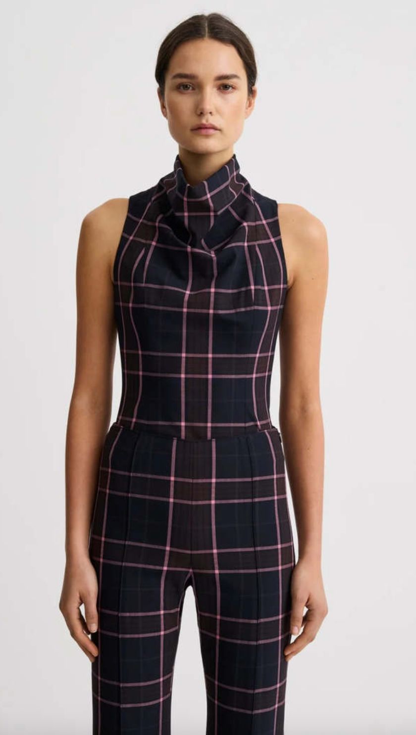 Smythe Funnel Neck Shell in Fig Plaid